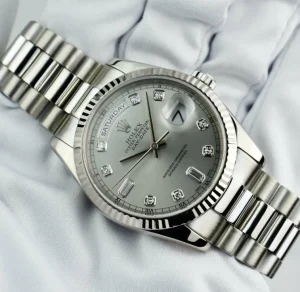 President Dress Watches | Sant Blanc ROLEX Mens 18kt White Gold DayDate President Silver Diamond Dial Model 118239