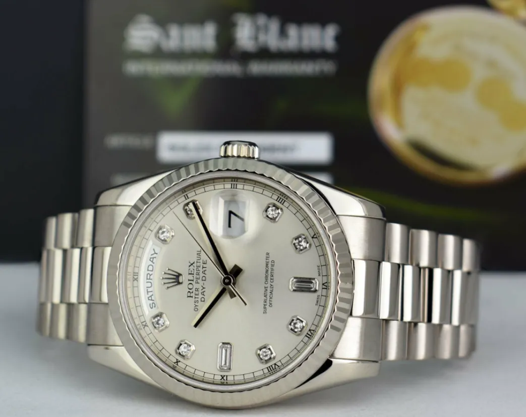 rolex_mens_kt_white_gold__6-2.webp President Dress Watches | Sant Blanc ROLEX Mens 18kt White Gold DayDate President Silver Diamond Dial Model 118239