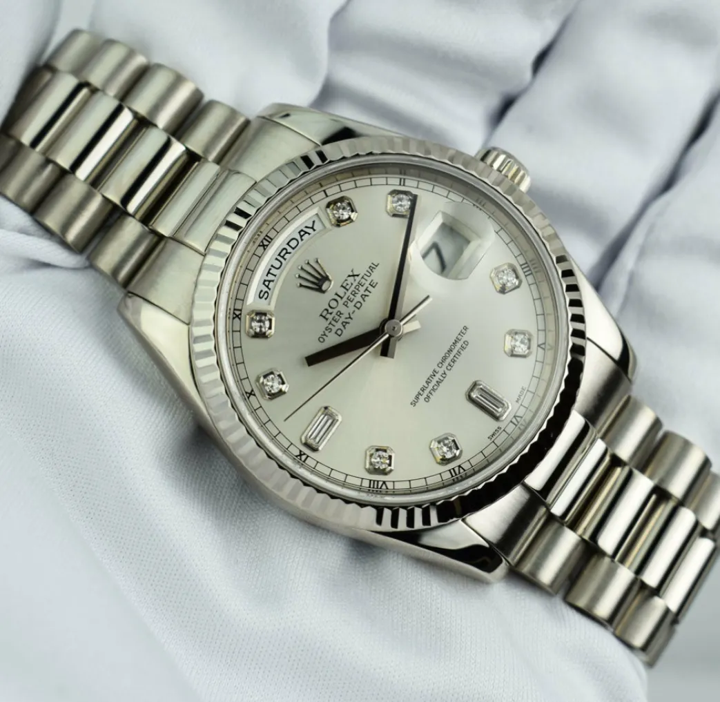 rolex_mens_kt_white_gold__7-2.webp President Dress Watches | Sant Blanc ROLEX Mens 18kt White Gold DayDate President Silver Diamond Dial Model 118239