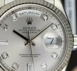President Dress Watches | Sant Blanc ROLEX Mens 18kt White Gold DayDate President Silver Diamond Dial Model 118239