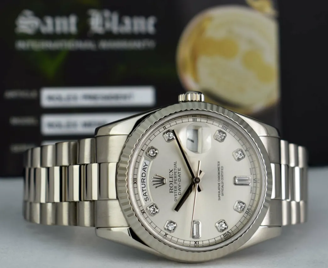 rolex_mens_kt_white_gold__8-2.webp President Dress Watches | Sant Blanc ROLEX Mens 18kt White Gold DayDate President Silver Diamond Dial Model 118239