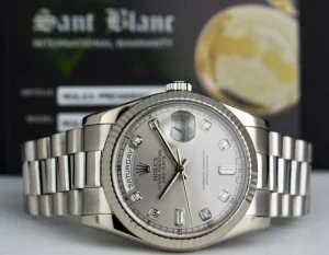 President Dress Watches | Sant Blanc ROLEX Mens 18kt White Gold DayDate President Silver Diamond Dial Model 118239