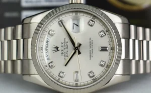 President Dress Watches | Sant Blanc ROLEX Mens 18kt White Gold DayDate President Silver Diamond Dial Model 118239