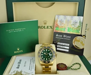 Pilots Professional Watches | Sant Blanc ROLEX Mens 18kt Yellow Gold GMT Master II Green Dial Model 116718