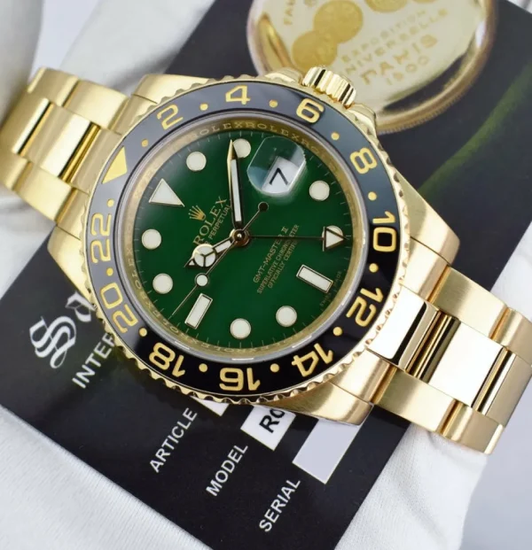 Pilots Professional Watches | Sant Blanc ROLEX Mens 18kt Yellow Gold GMT Master II Green Dial Model 116718