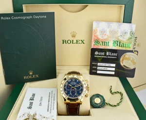 Sports Watches | Racing Professional Watches | Sant Blanc ROLEX Mens 40mm 18kt Gold Daytona Blue Arabic Dial Brown Strap Model 116518