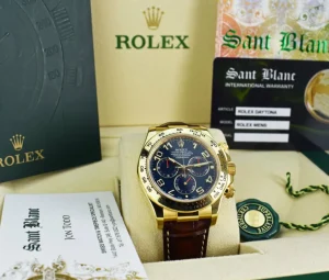 Sports Watches | Racing Professional Watches | Sant Blanc ROLEX Mens 40mm 18kt Gold Daytona Blue Arabic Dial Brown Strap Model 116518