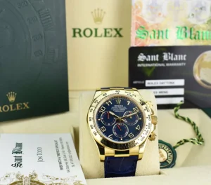 Sports Watches | Racing Professional Watches | Sant Blanc ROLEX Mens 40mm 18kt Gold Daytona Blue Arabic Dial Blue Strap Model 116518