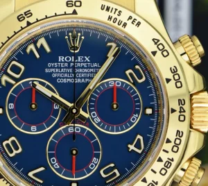 Sports Watches | Racing Professional Watches | Sant Blanc ROLEX Mens 40mm 18kt Gold Daytona Blue Arabic Dial Brown Strap Model 116518