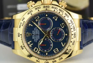 Sports Watches | Racing Professional Watches | Sant Blanc ROLEX Mens 40mm 18kt Gold Daytona Blue Arabic Dial Blue Strap Model 116518