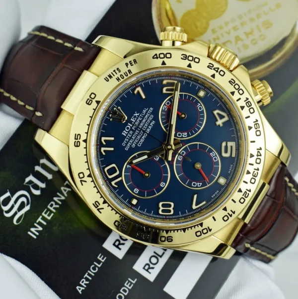 Sports Watches | Racing Professional Watches | Sant Blanc ROLEX Mens 40mm 18kt Gold Daytona Blue Arabic Dial Brown Strap Model 116518