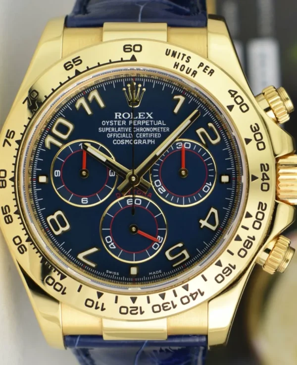 Sports Watches | Racing Professional Watches | Sant Blanc ROLEX Mens 40mm 18kt Gold Daytona Blue Arabic Dial Blue Strap Model 116518