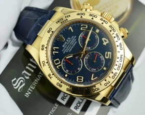 Sports Watches | Racing Professional Watches | Sant Blanc ROLEX Mens 40mm 18kt Gold Daytona Blue Arabic Dial Blue Strap Model 116518