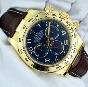Sports Watches | Racing Professional Watches | Sant Blanc ROLEX Mens 40mm 18kt Gold Daytona Blue Arabic Dial Brown Strap Model 116518