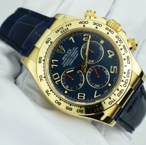 Sports Watches | Racing Professional Watches | Sant Blanc ROLEX Mens 40mm 18kt Gold Daytona Blue Arabic Dial Blue Strap Model 116518