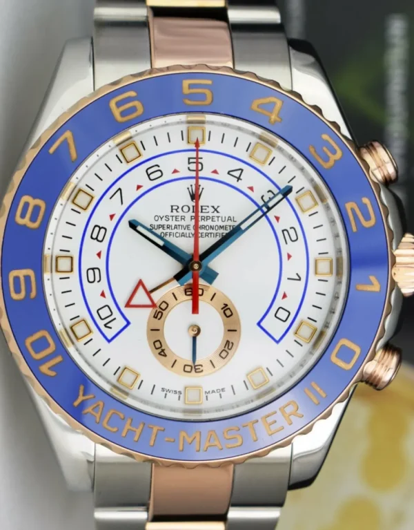 Yachting Professional Watches | Sports Watches | Sant Blanc ROLEX Mens 44mm 18kt Rose Gold & Stainless Steel YachtMaster II Blue Hands Model 116681