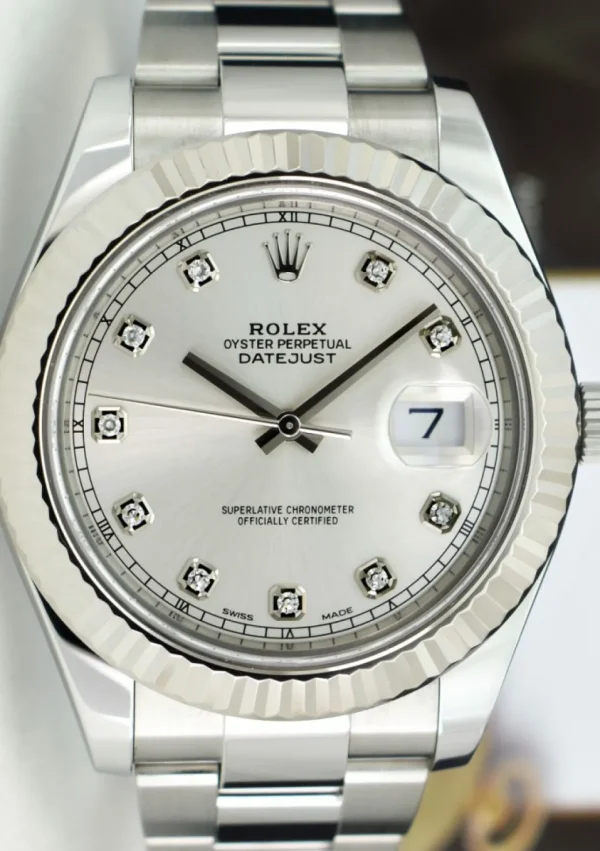 Men's Watches | Dress Watches | Sant Blanc ROLEX Men's 41mm 18kt White Gold & Stainless Steel DateJust II Silver Diamond Dial Model 116334