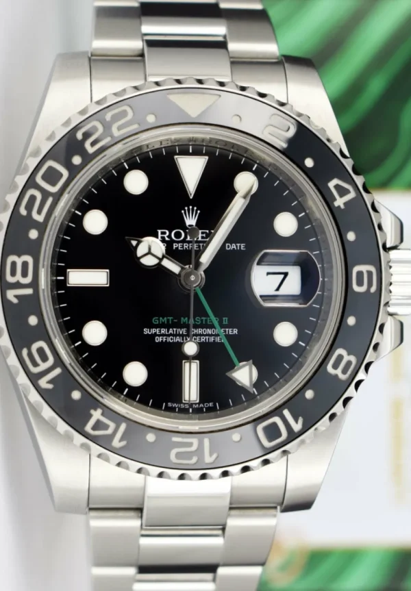 Pilots Professional Watches | Sant Blanc ROLEX Mens 40mm Stainless Steel GMT Master II Black Dial Model 116710LN