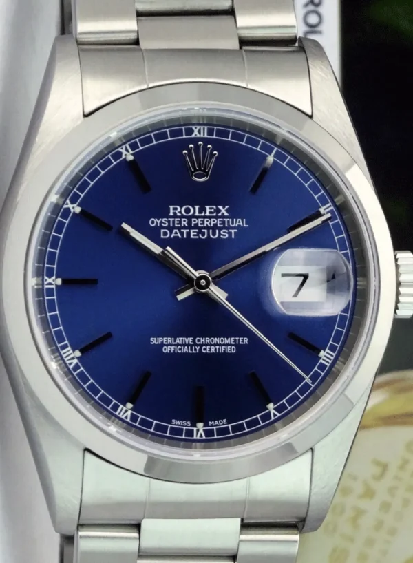Men's Watches | Dress Watches | Sant Blanc ROLEX Men's 36mm Stainless Steel Datejust Blue Stick Dial Model 16200