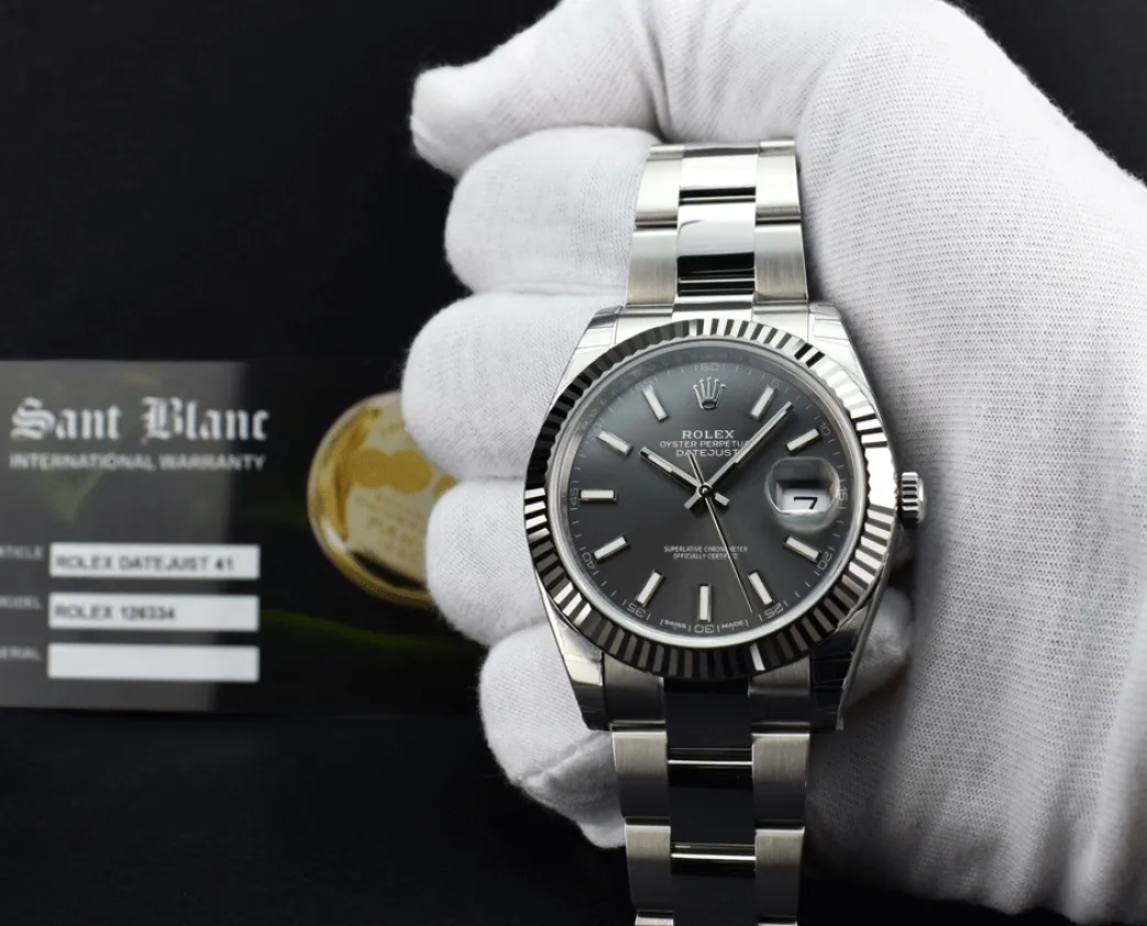 rolex_mens_mm_white_gold__1.webp Dress Watches | Sant Blanc ROLEX Mens 41mm White Gold & Stainless DateJust 41 Rhodium Index Model 126334