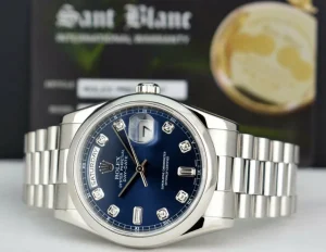 President Dress Watches | Sant Blanc ROLEX Mens Platinum Day Date President Blue Diamond Dial Model 118206