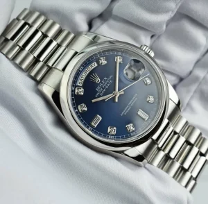 President Dress Watches | Sant Blanc ROLEX Mens Platinum Day Date President Blue Diamond Dial Model 118206