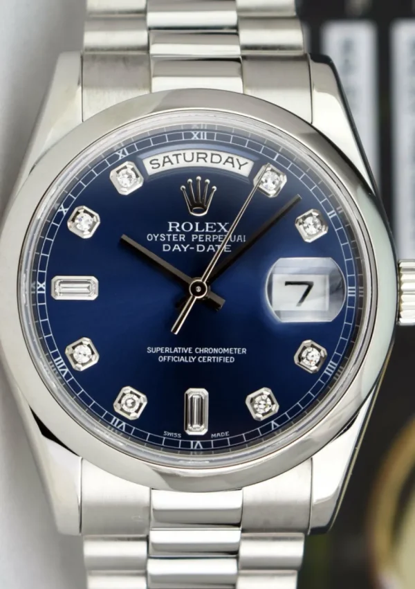 President Dress Watches | Sant Blanc ROLEX Mens Platinum Day Date President Blue Diamond Dial Model 118206