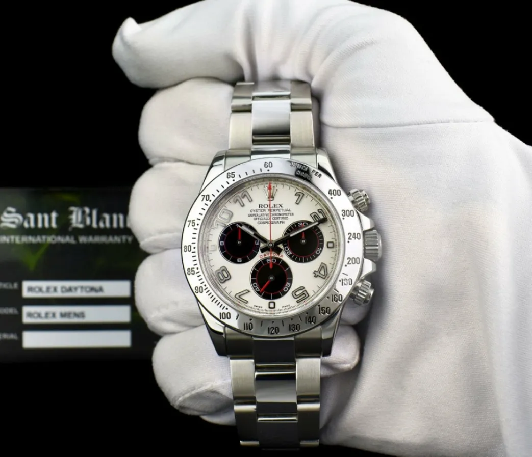 rolex_mens_stainless_dayt_1.webp Men's Watches | Racing Professional Watches | Sant Blanc ROLEX Mens Stainless Daytona White Panda Red Hands Fat Buckle Model 116520