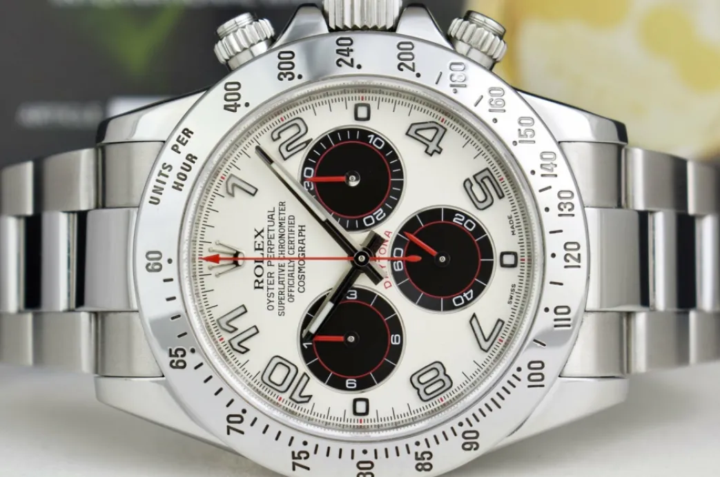 rolex_mens_stainless_dayt_3.webp Men's Watches | Racing Professional Watches | Sant Blanc ROLEX Mens Stainless Daytona White Panda Red Hands Fat Buckle Model 116520