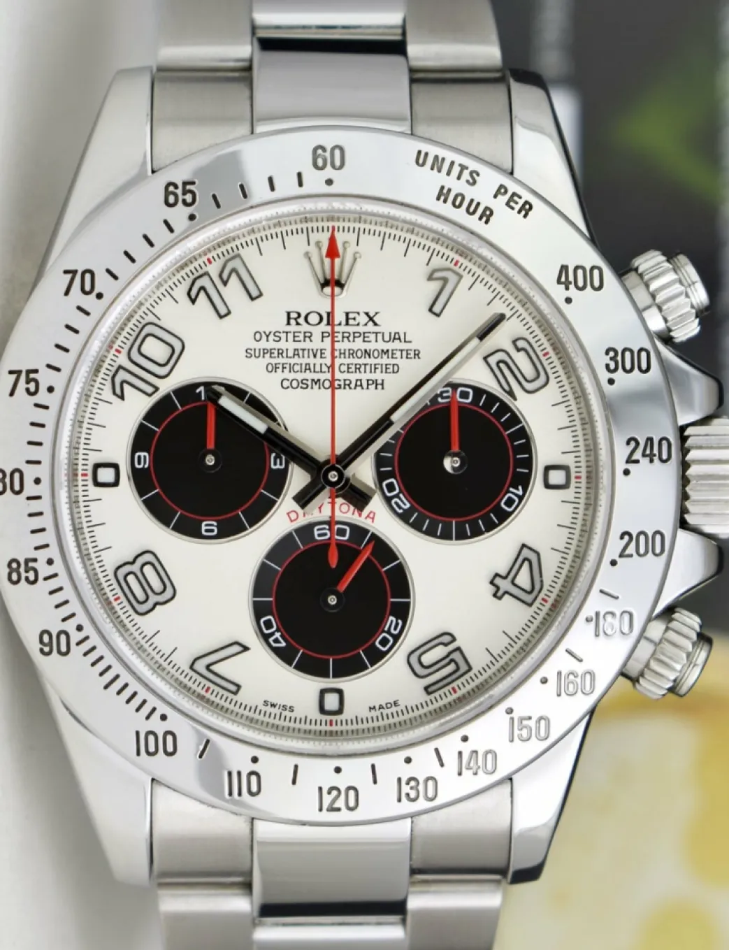 rolex_mens_stainless_dayt_4.webp Men's Watches | Racing Professional Watches | Sant Blanc ROLEX Mens Stainless Daytona White Panda Red Hands Fat Buckle Model 116520
