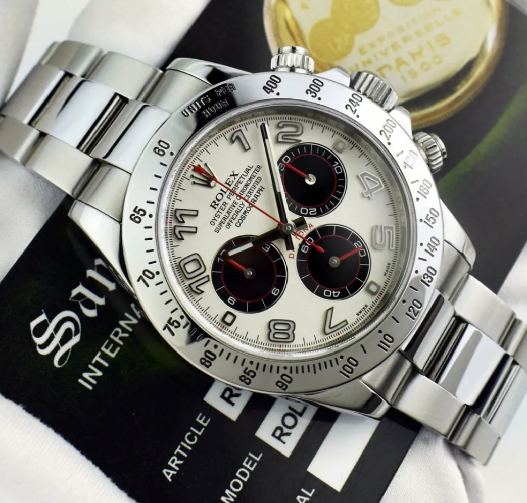 rolex_mens_stainless_dayt_5.webp Men's Watches | Racing Professional Watches | Sant Blanc ROLEX Mens Stainless Daytona White Panda Red Hands Fat Buckle Model 116520
