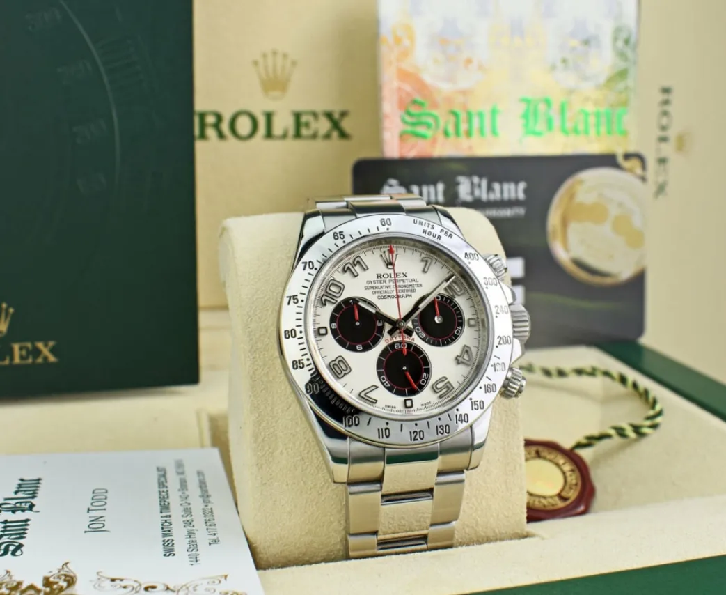 rolex_mens_stainless_dayt_9.webp Men's Watches | Racing Professional Watches | Sant Blanc ROLEX Mens Stainless Daytona White Panda Red Hands Fat Buckle Model 116520