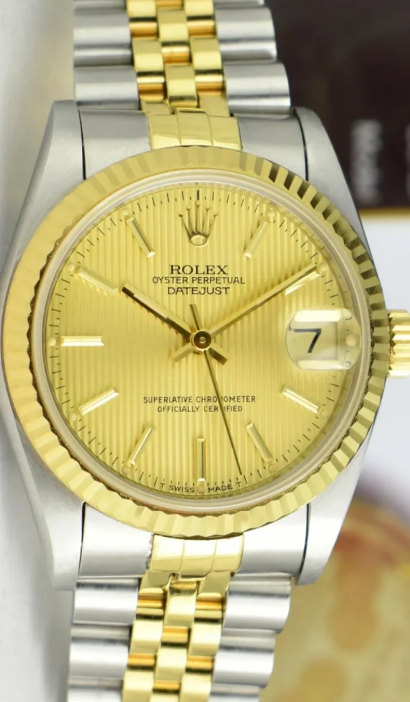 Ladies Watches | Dress Watches | Sant Blanc ROLEX MIDSIZE - 31mm 18kt Gold & SS Datejust Champagne Tapestry Dial Model 68273