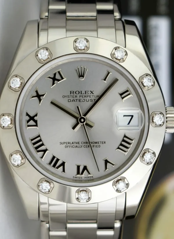 The Masterpiece | Sant Blanc ROLEX Midsize 18kt White Gold Pearlmaster Masterpiece Silver Roman Model 81319