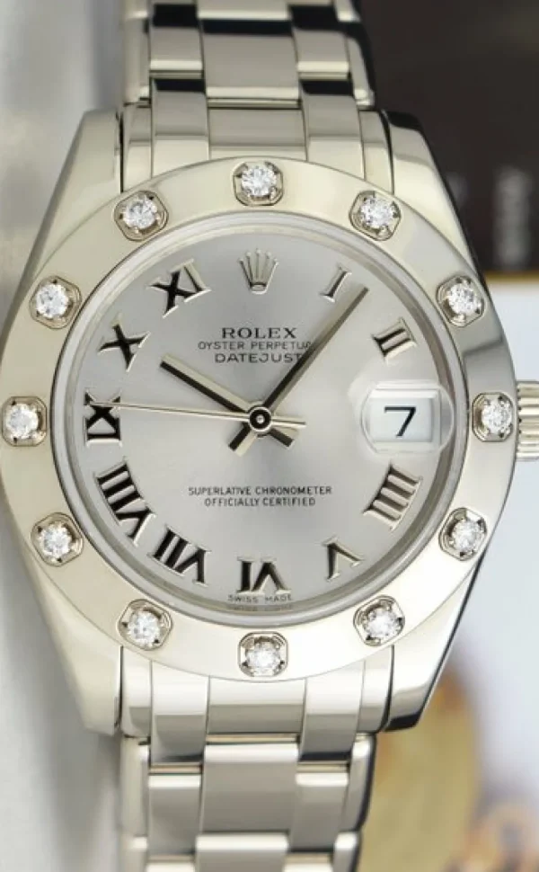 The Masterpiece | Sant Blanc ROLEX Midsize White Gold Pearlmaster Datejust Silver Roman Card Model 81319