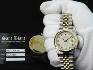Men's Watches | Dress Watches | Sant Blanc ROLEX 36mm 18kt Gold & Stainless DateJust Ivory Pyramid Roman Dial Jubilee Band Model 16233