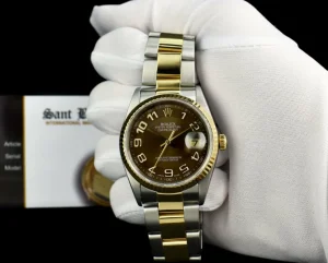Men's Watches | Dress Watches | Sant Blanc ROLEX 36mm 18kt Gold & Stainless DateJust Chocolate Arabic Dial Oyster Band Model 16233