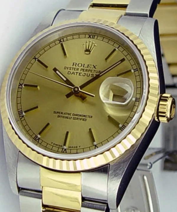 Men's Watches | Dress Watches | Sant Blanc ROLEX 36mm 18kt Gold & Stainless Steel DateJust Champagne Stick Dial Oyster Band Model 16233