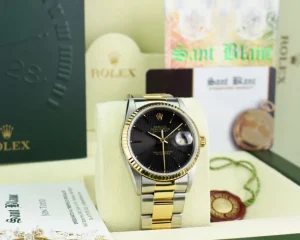 Men's Watches | Dress Watches | Sant Blanc ROLEX 36mm 18kt Gold & Stainless DateJust Black Tapestry Dial Oyster Band Model 16233