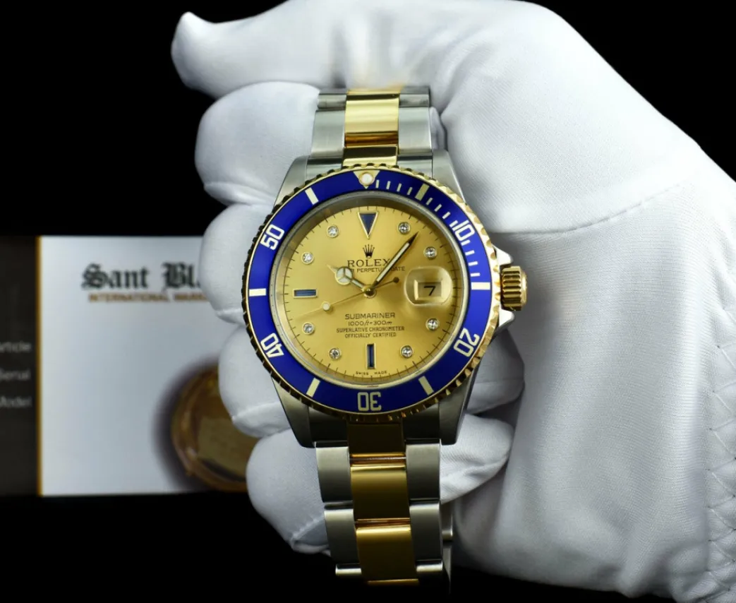rolex_mm_kt_gold__stainle_1-19.webp Sports Watches | Men's Watches | Sant Blanc ROLEX 40mm 18kt Gold & Stainless Steel Submariner Champagne Serti Diamond Dial Model 16613