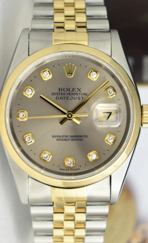 Men's Watches | Dress Watches | Sant Blanc ROLEX 36mm 18kt Gold & Stainless Steel DateJust Rhodium Diamond Dial Jubilee Band Model 16203