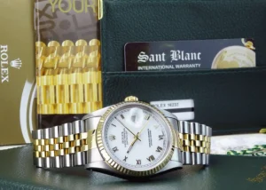 Men's Watches | Dress Watches | Sant Blanc ROLEX 36mm 18kt Gold & Stainless DateJust White Roman Dial Jubilee Band Model 16233