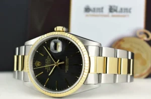 Men's Watches | Dress Watches | Sant Blanc ROLEX 36mm 18kt Gold & Stainless DateJust Black Tapestry Dial Oyster Band Model 16233