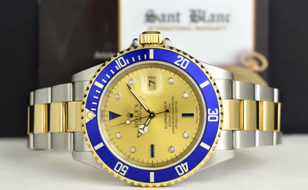rolex_mm_kt_gold__stainle_3-18.webp Sports Watches | Men's Watches | Sant Blanc ROLEX 40mm 18kt Gold & Stainless Steel Submariner Champagne Serti Diamond Dial Model 16613