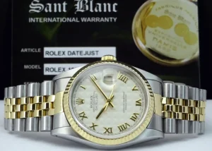 Men's Watches | Dress Watches | Sant Blanc ROLEX 36mm 18kt Gold & Stainless DateJust Ivory Pyramid Roman Dial Jubilee Band Model 16233