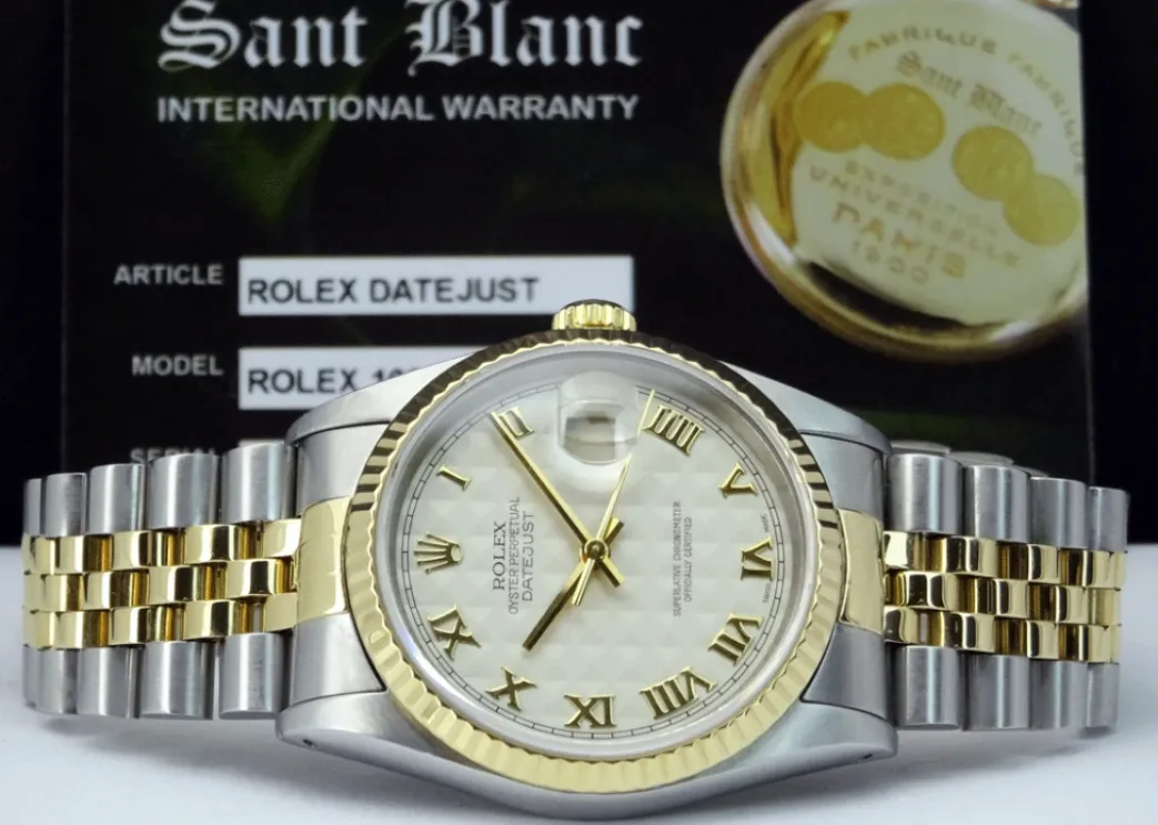 rolex_mm_kt_gold__stainle_3-9.webp Men's Watches | Dress Watches | Sant Blanc ROLEX 36mm 18kt Gold & Stainless DateJust Ivory Pyramid Roman Dial Jubilee Band Model 16233