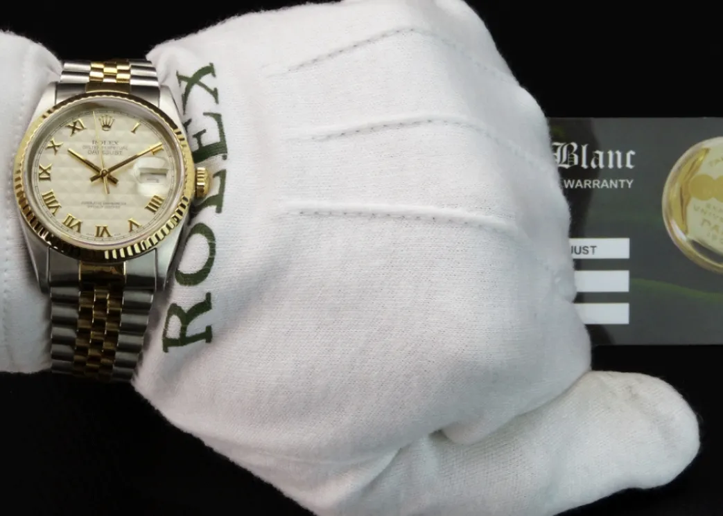 rolex_mm_kt_gold__stainle_4-10.webp Men's Watches | Dress Watches | Sant Blanc ROLEX 36mm 18kt Gold & Stainless DateJust Ivory Pyramid Roman Dial Jubilee Band Model 16233