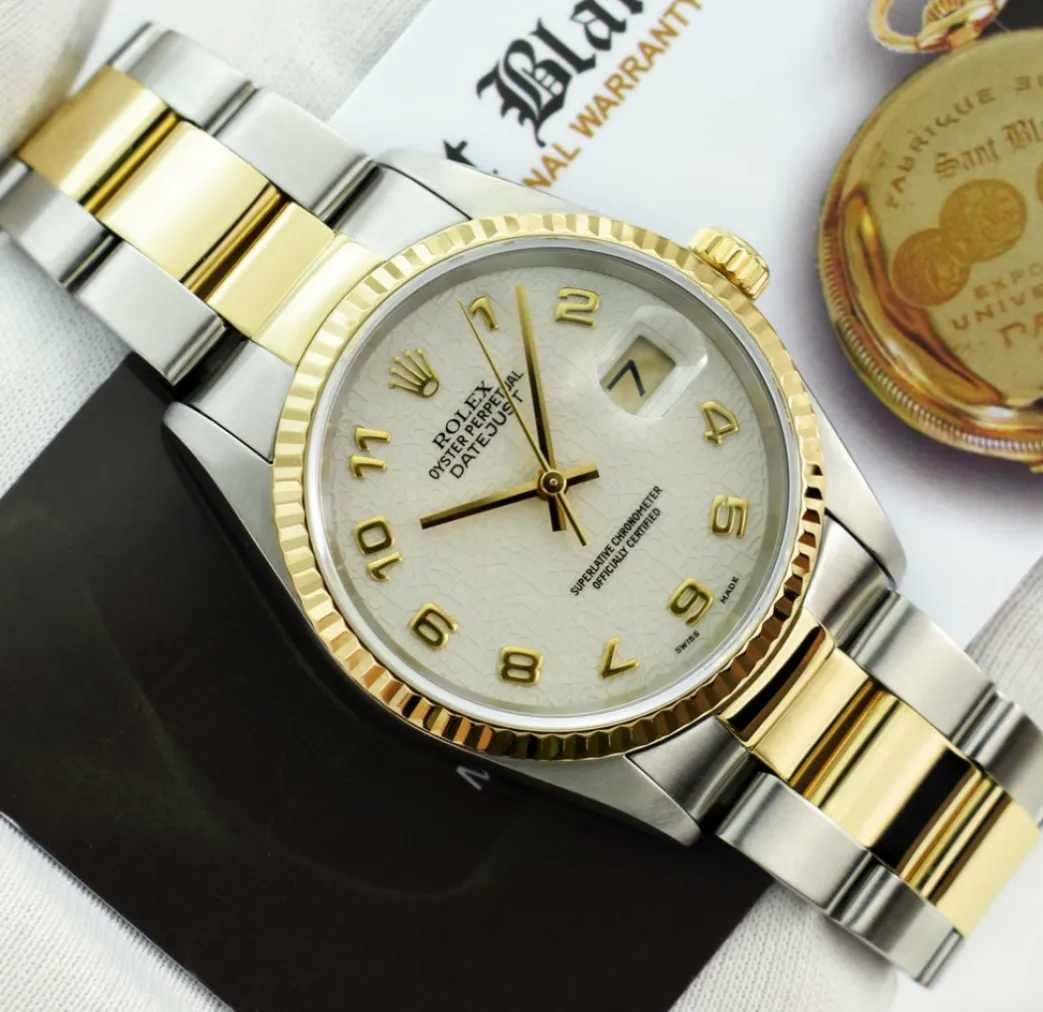 rolex_mm_kt_gold__stainle_4-13.webp Men's Watches | Dress Watches | Sant Blanc ROLEX 36mm 18kt Gold & Stainless DateJust Ivory Jubilee Arabic Dial Oyster Band Model 16233