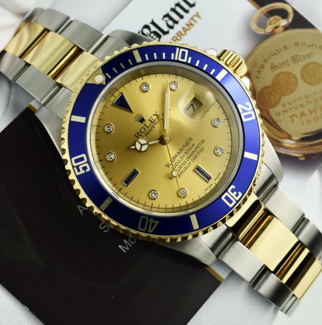 rolex_mm_kt_gold__stainle_4-19.webp Sports Watches | Men's Watches | Sant Blanc ROLEX 40mm 18kt Gold & Stainless Steel Submariner Champagne Serti Diamond Dial Model 16613