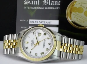 Men's Watches | Dress Watches | Sant Blanc ROLEX 36mm 18kt Gold & Stainless DateJust White Roman Dial Jubilee Band Model 16233